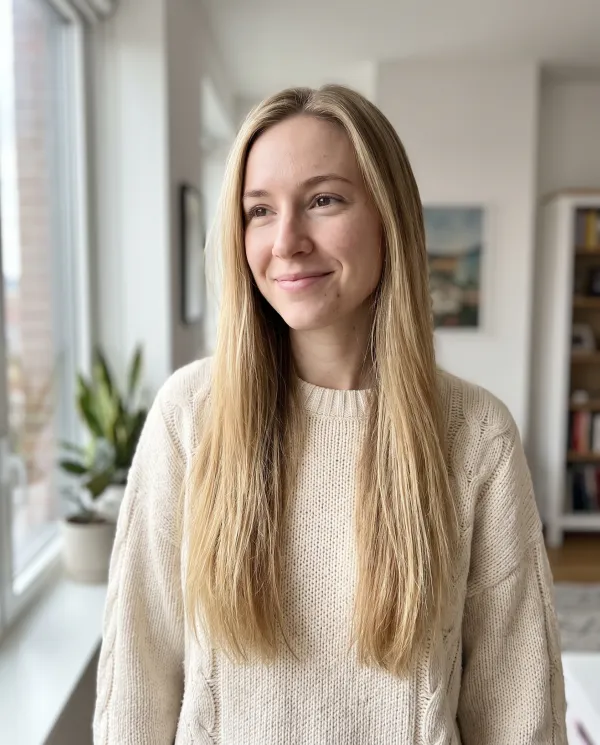 A woman with long straight blonde hair in a cream sweater by a window
