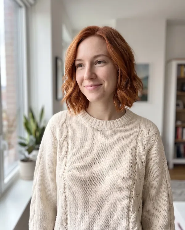 The same woman with a short wavy copper red bob
