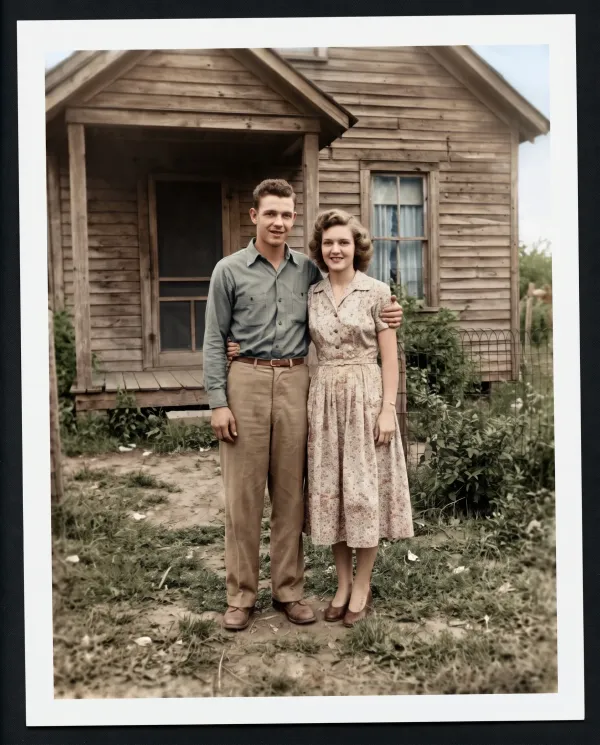 The same couple restored in natural color with the damage removed