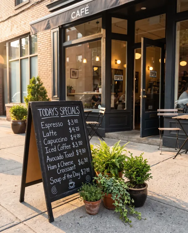 A cafe entrance with a chalkboard sign full of handwritten menu items