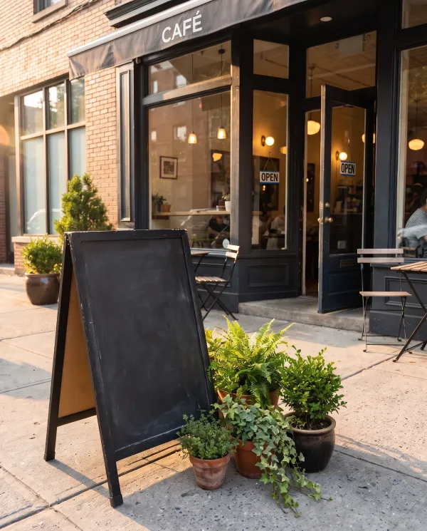 The same cafe entrance with a clean, empty chalkboard sign
