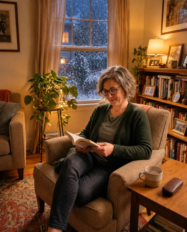 GPT Image 2.5 result: the same woman reading in an armchair on a snowy evening with warm lamp light
