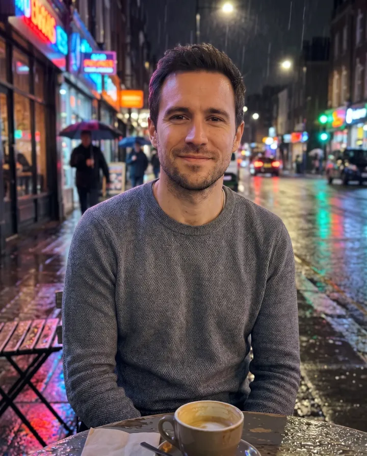 The same man on a rainy city street at night with neon reflections