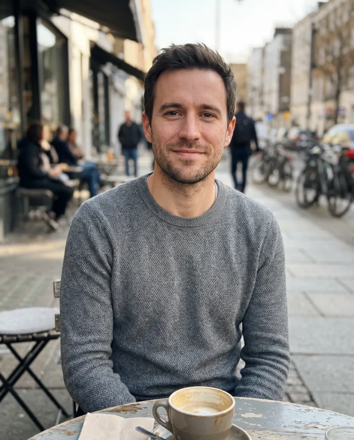 A man in a grey sweater at an outdoor cafe table with a cup of coffee