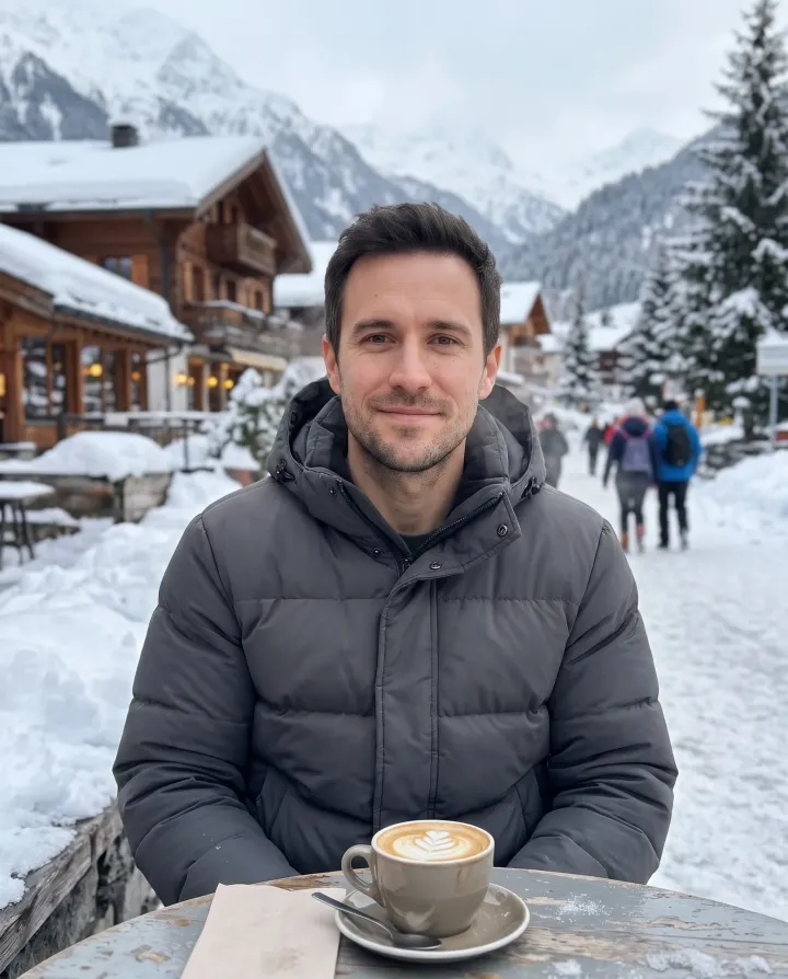 The same man in a puffer jacket in a snowy mountain village