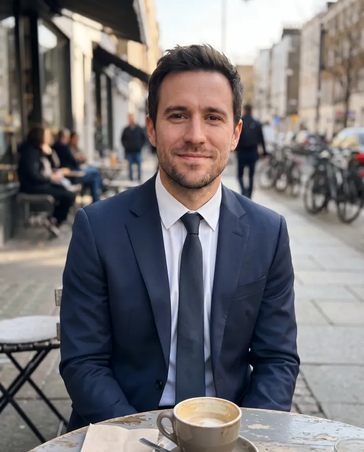 The same man at the cafe in a navy suit, white shirt and dark tie