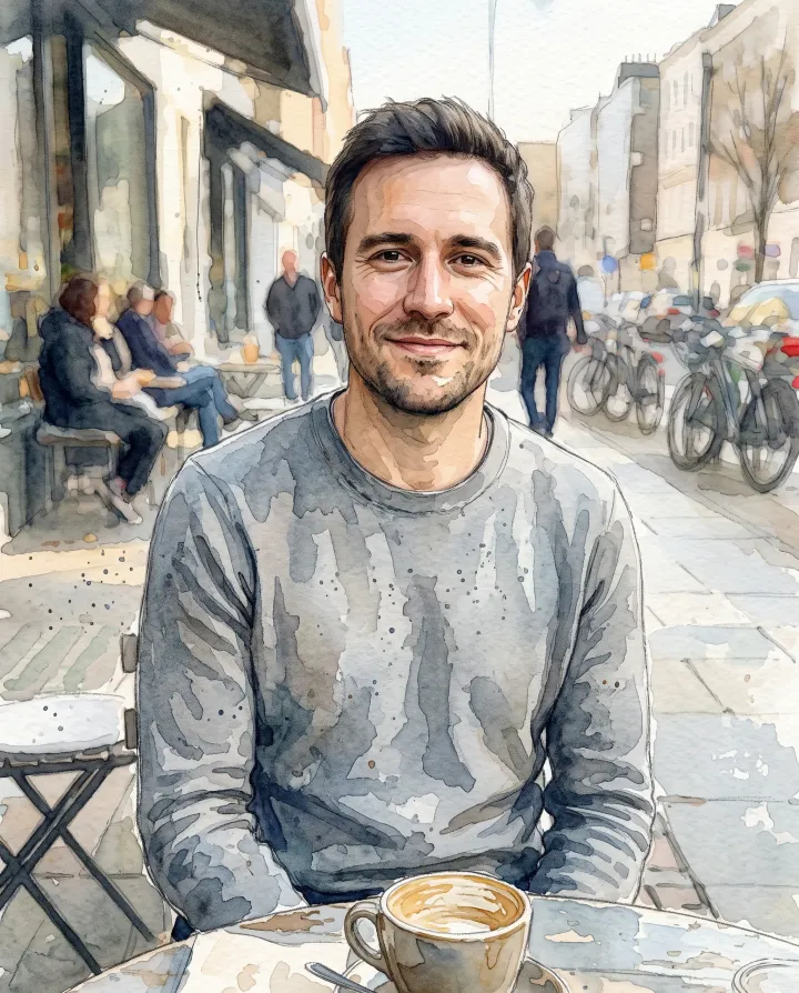 The same photo of the man at the cafe as a watercolor painting