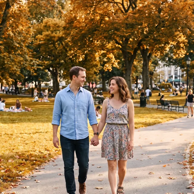 A couple walking hand in hand in a park changed from summer to autumn with orange leaves