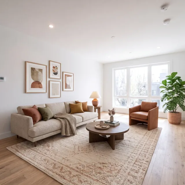 An empty apartment living room staged with a sofa, rug, coffee table, plants and wall art