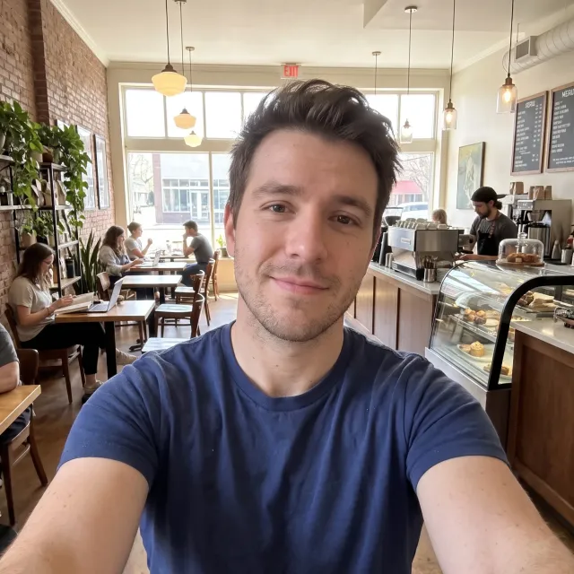 A selfie of a man moved from a messy bedroom to a bright, tidy coffee shop