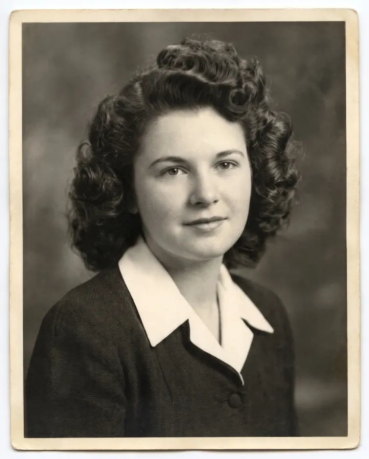 The portrait restored in black and white without the crease