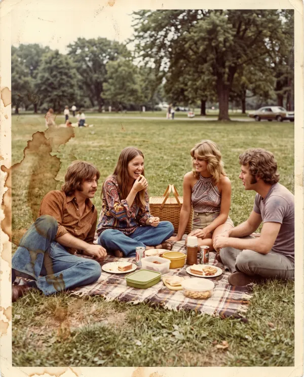 A 1970s snapshot of four friends at a picnic with large brown water stains