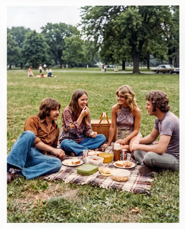 The same picnic photo of four friends without the water stains