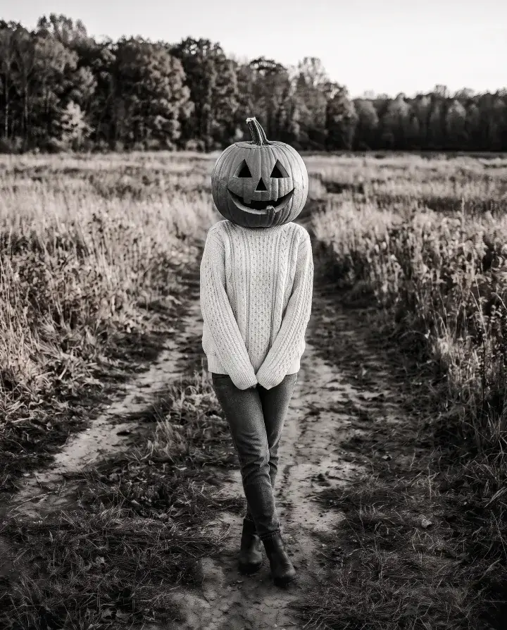 A black and white photo of a woman in her late 20s in a cream knit sweater and jeans on a path through an autumn field, with a jack-o'-lantern head
