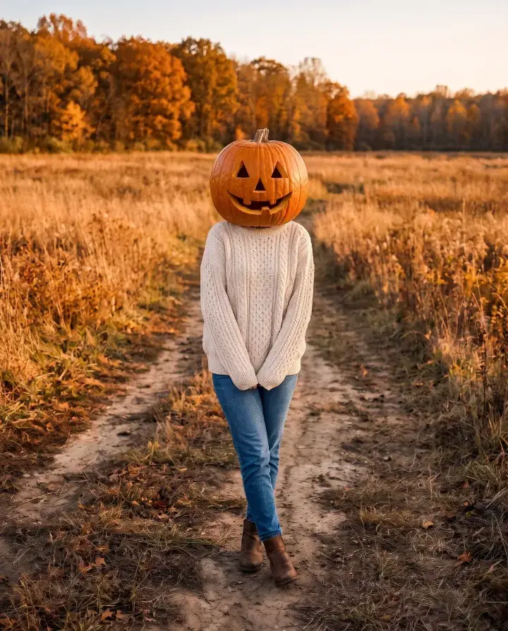 a woman in her late 20s in a cream knit sweater and jeans on a path through an autumn field, her head replaced by a carved jack-o'-lantern