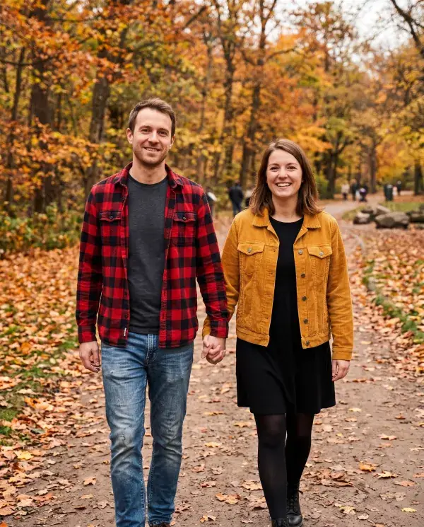 A couple in flannel and corduroy walking on a leafy park path