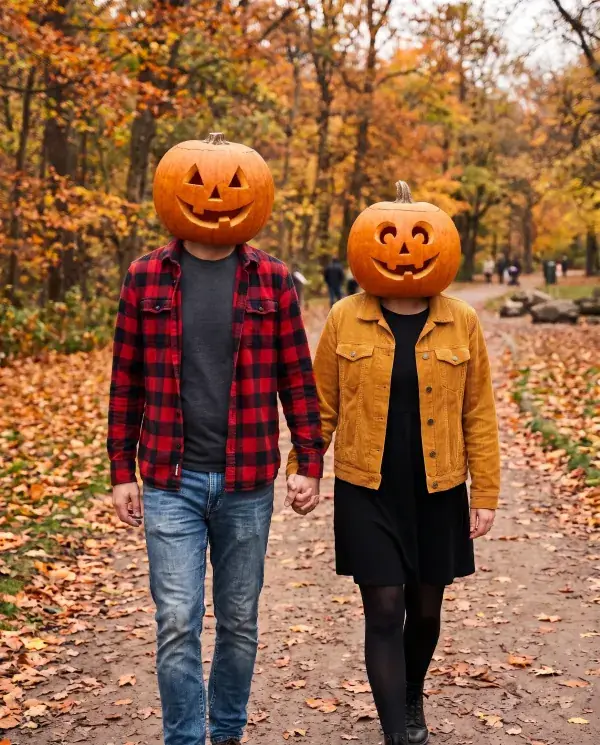 The same couple walking hand in hand, both with jack-o'-lantern heads