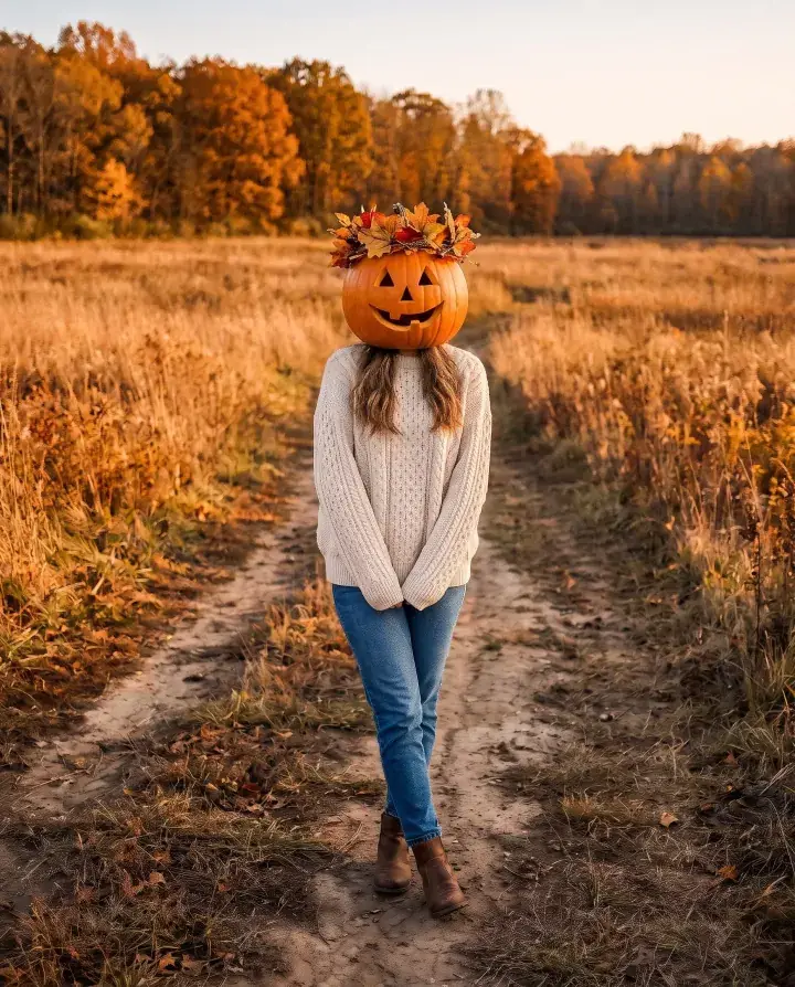 a woman in her late 20s in a cream knit sweater and jeans on a path through an autumn field, a smiling carved pumpkin head with a crown of autumn leaves