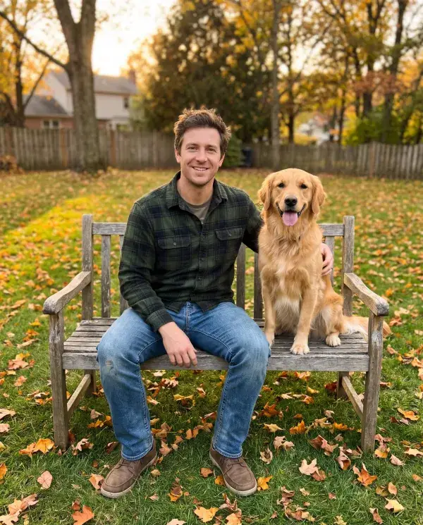 A man in a flannel shirt on a garden bench with a golden retriever