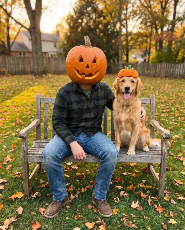 The same man with a jack-o'-lantern head and the golden retriever in a small pumpkin hat