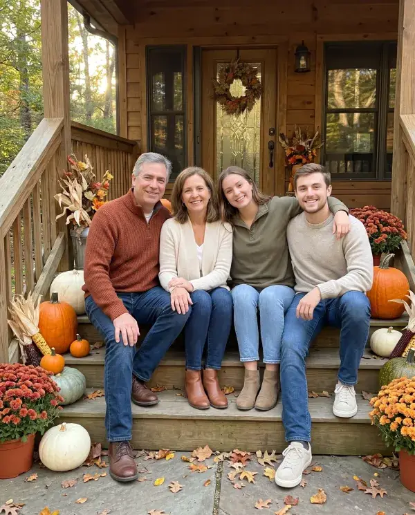A family of four adults on porch steps decorated with pumpkins