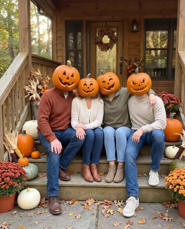 The same family on the porch steps, each with a jack-o'-lantern head