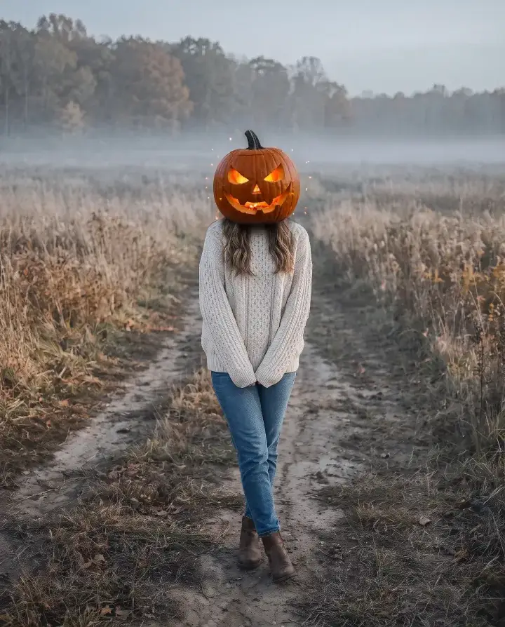 a woman in her late 20s in a cream knit sweater and jeans on a path through an autumn field, a jack-o'-lantern head and thick grey fog over the field