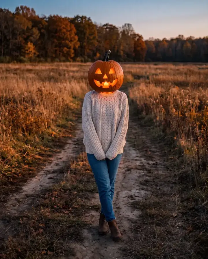 a woman in her late 20s in a cream knit sweater and jeans on a path through an autumn field at dusk, wearing a jack-o'-lantern glowing from a candle inside