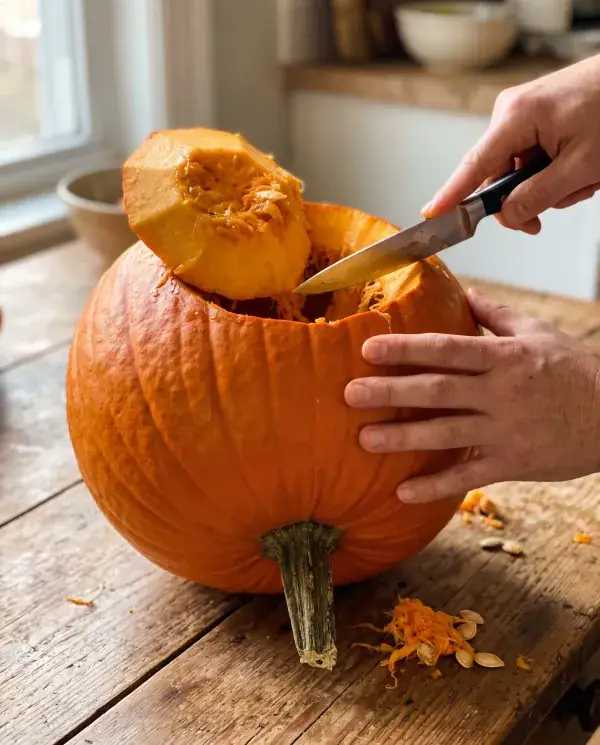 Hands cutting a round hole in the bottom of an upside-down pumpkin on a kitchen table