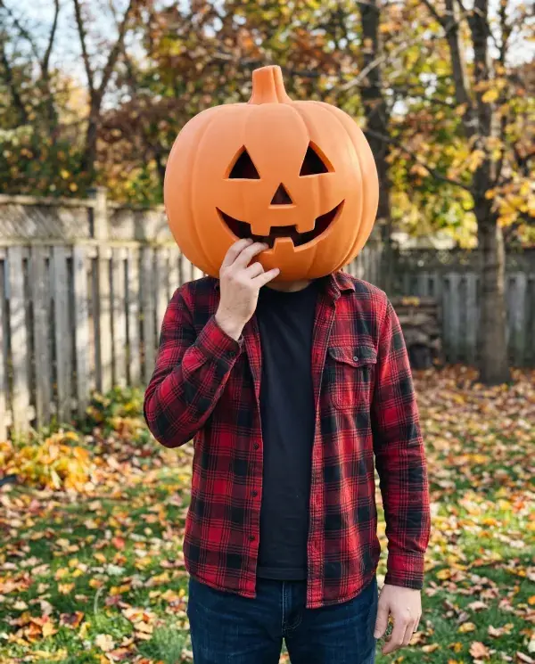 A man in a flannel shirt wearing a light foam craft pumpkin with a carved face in a backyard