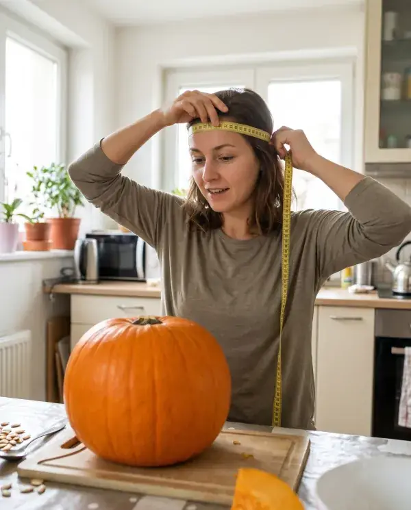 A woman measuring around her head with a soft tape measure next to a large orange pumpkin