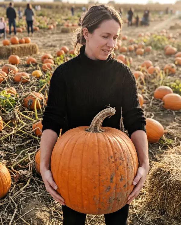 A woman lifting a huge real carving pumpkin with both hands in a pumpkin patch