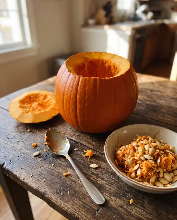 A hollowed pumpkin with thin clean walls next to a spoon and a bowl of seeds