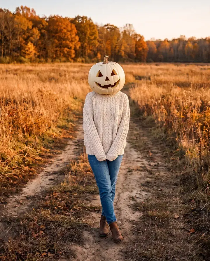 a woman in her late 20s in a cream knit sweater and jeans on a path through an autumn field, her head replaced by a carved white pumpkin