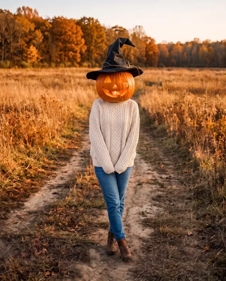 a woman in her late 20s in a cream knit sweater and jeans on a path through an autumn field, a jack-o'-lantern head wearing a black witch hat
