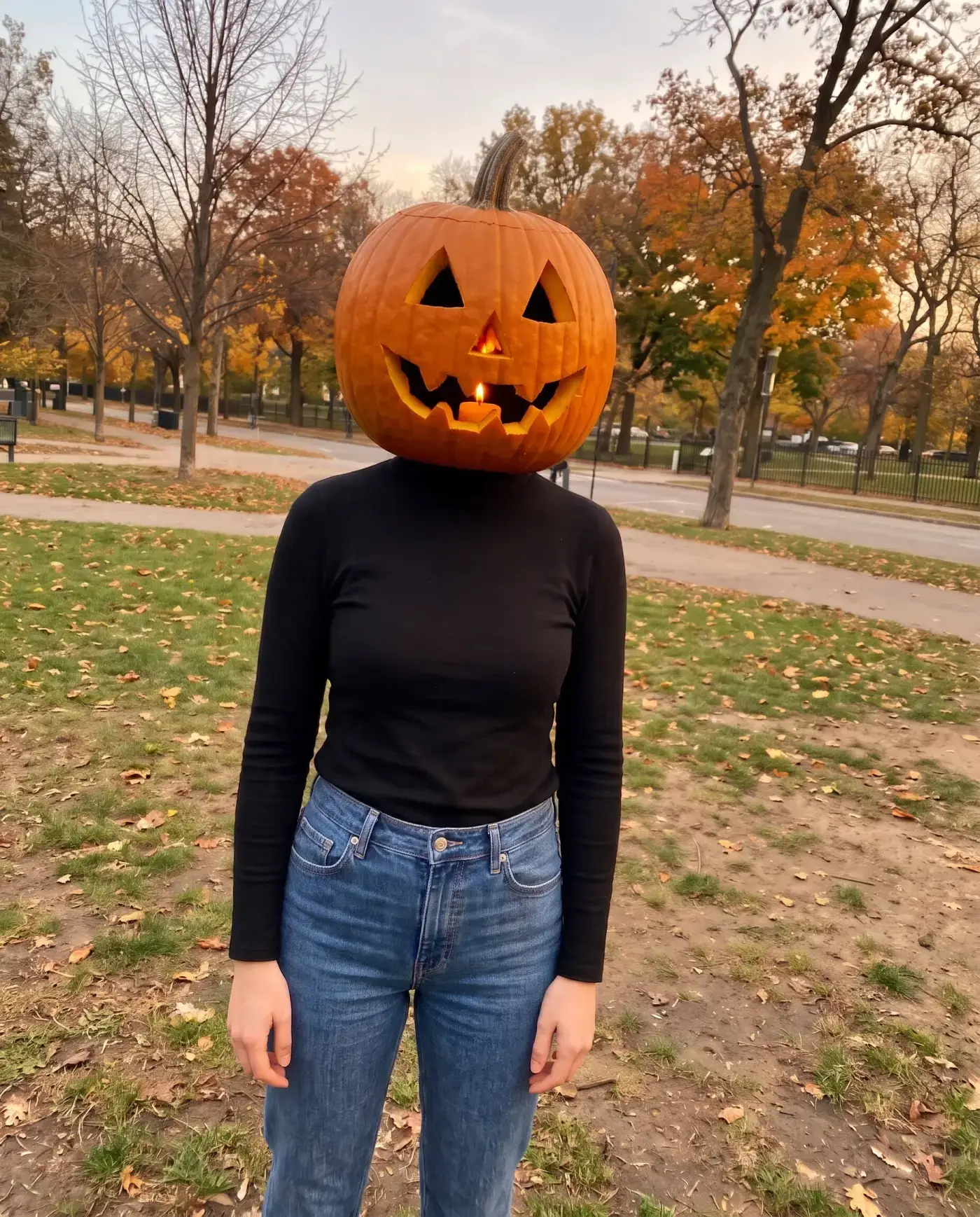A real pumpkin head photo after the edit: black inside the carved face, a candle glow, golden light and an empty park